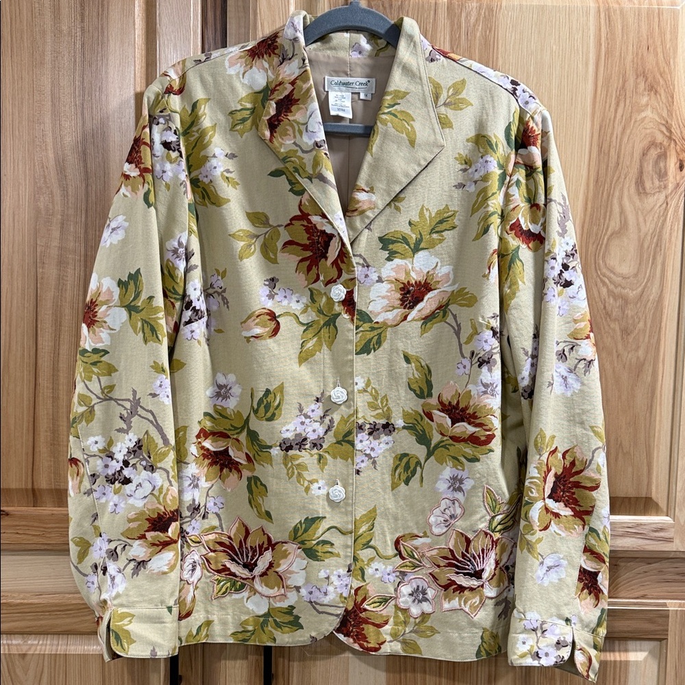 Vintage Coldwater Creek Tan and Floral Blazer Jacket Flower Buttons Size 1X